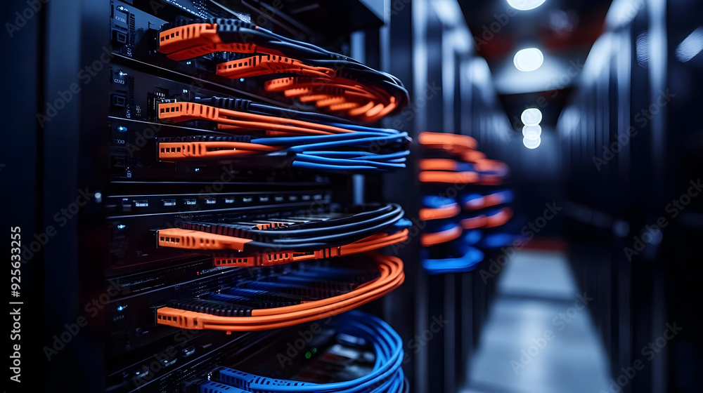 Poster data center with organized cables and servers for network management.