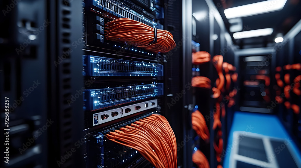 Poster data center with organized server racks and network cables.