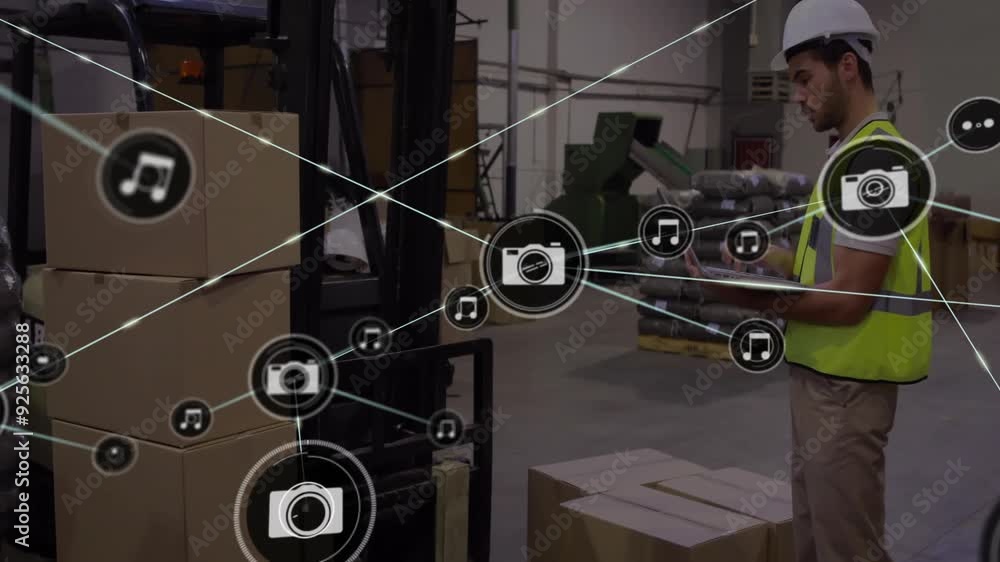 Poster using tablet, warehouse worker with connected devices and multimedia icons animation