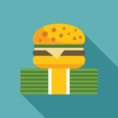 Big tasty burger standing on a stack of money. Concept of expensive junk food