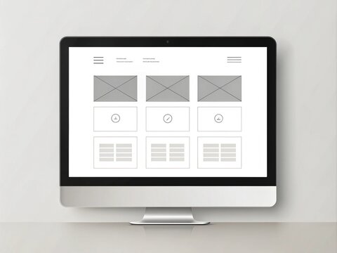 A minimalist digital device screen displays a clean and structured website wireframe template with placeholder text and icons, awaiting content and design customization.