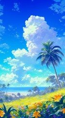 Obraz premium Enchanting Winter Rhododendron Wonderland: AI-Generated 4K Anime-Style Snowy Landscape. Vibrant Blue Sky and Delicate Flowers in Magical Snow Scene. Perfect for 2025 Winter, New Year, and Spring Festi