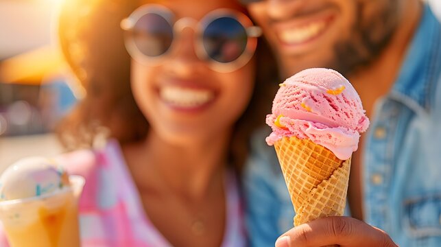 Sweet Moments: Couple Sharing an Ice Cream Cone with Smiles and Playful Gestures at a Local Cafe