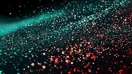 Animation of festive blue and red abstract bokeh on black background. Blurred glitter lights and sparkles. Big data technology. Backdrop with copy space for holiday, birthday, New Year, Christmas