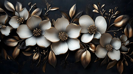 Elegant floral design in gold and white tones on a dark background.