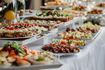 Catering food on long table, Party