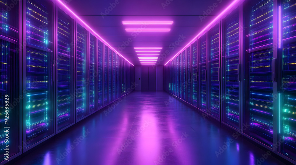 Poster futuristic data center with glowing lights and server racks.