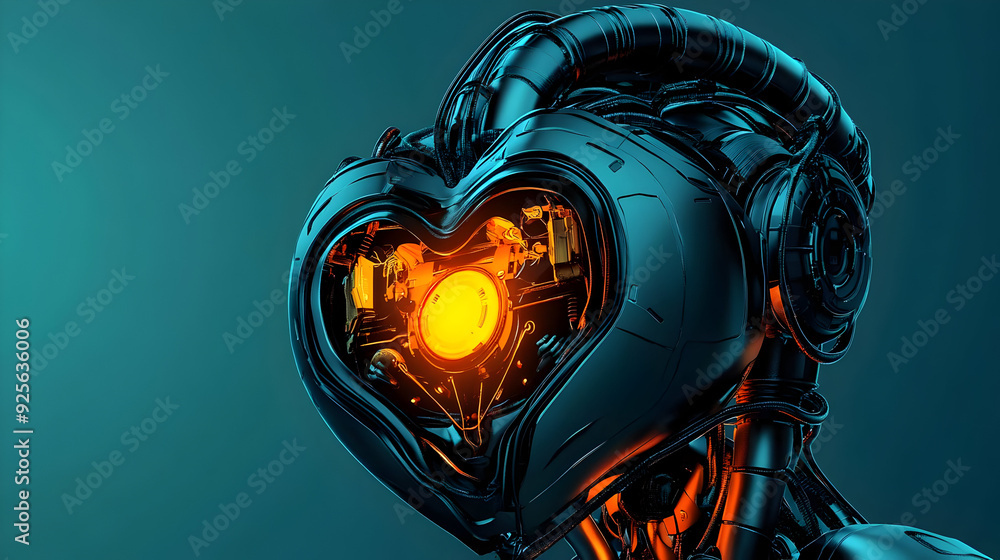 Poster futuristic robotic heart with glowing core and metallic structure.