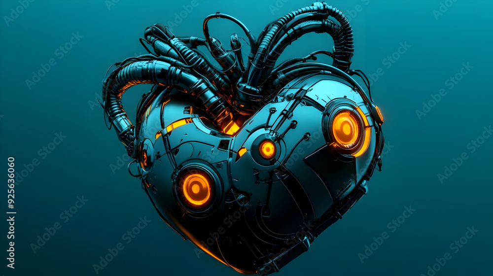 Poster futuristic robotic heart with glowing elements and intricate design.