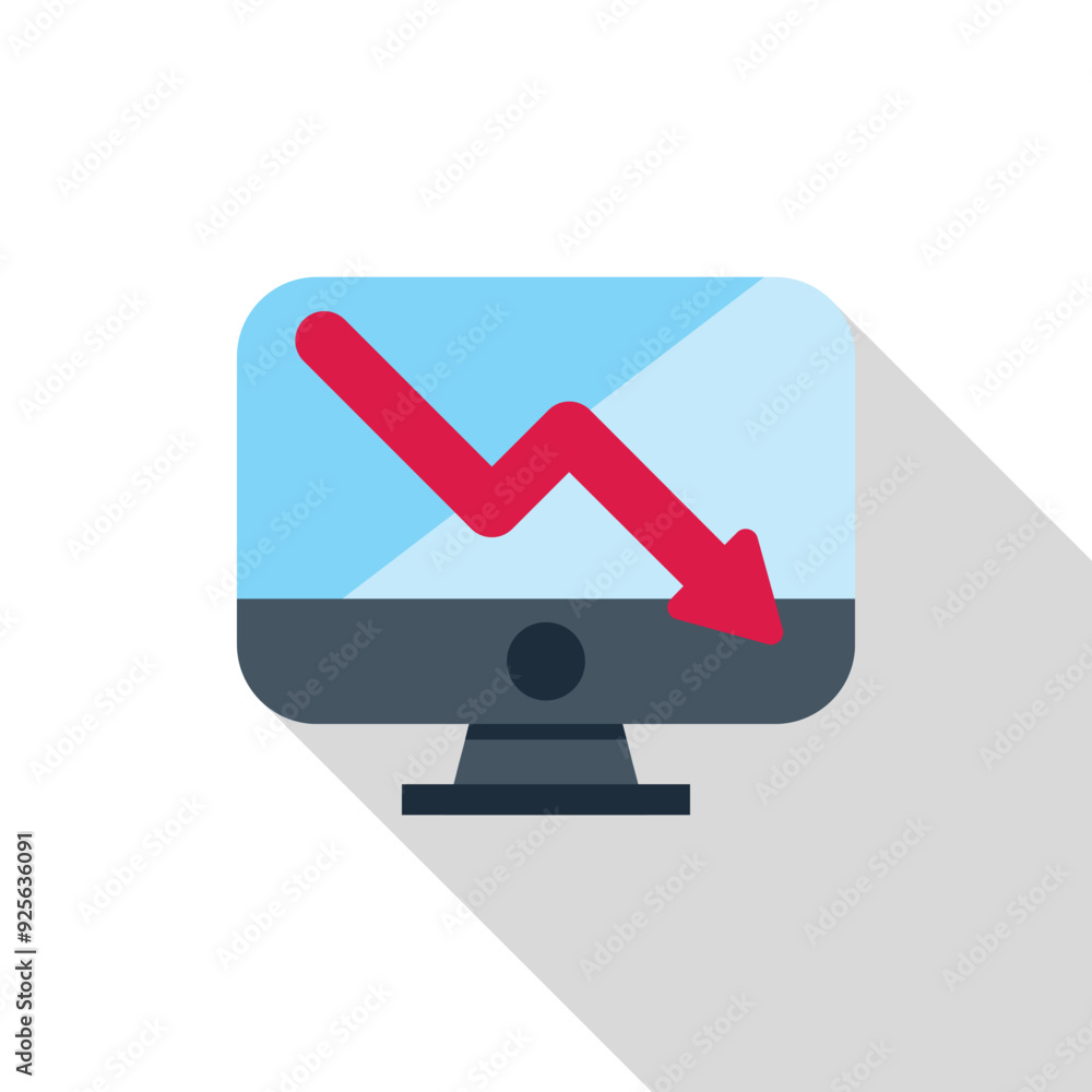 Poster computer screen displaying a red arrow trending down, representing economic decline