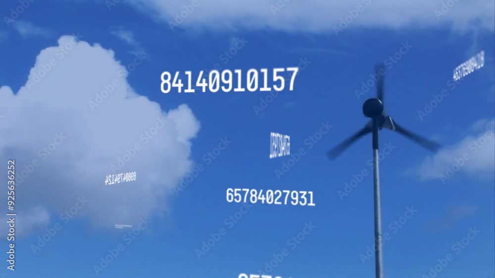 Poster wind turbine with numbers and data processing animation over blue sky with clouds