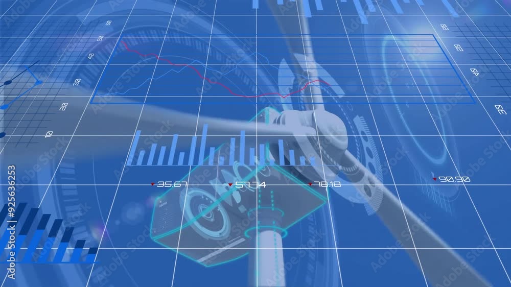 Poster wind turbine with financial data charts and graphs animation on blue grid background