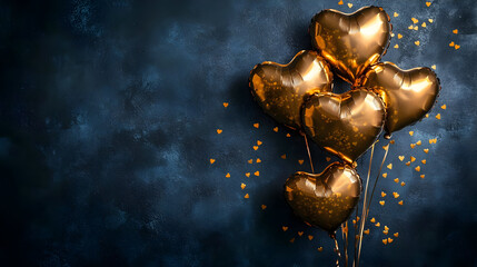 Heart-shaped golden balloons against a dark background.