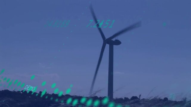 Spinning wind turbine over green energy data processing animation in background - Powered by Adobe