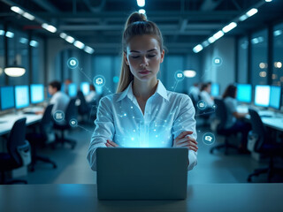 Confident woman with arms crossed in a high-tech office, using a laptop with holographic displays and busy technology backdrop.