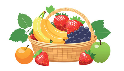 fruit basket with bananas, grapes, strawberries and oranges