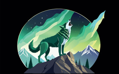 wolf on the mountain with northern lights
