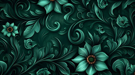 Intricate floral design with swirling leaves and blossoms.