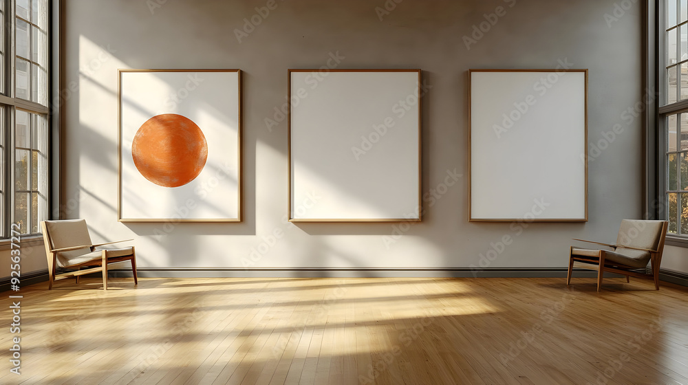 Poster minimalist art gallery with empty frames and a single artwork.