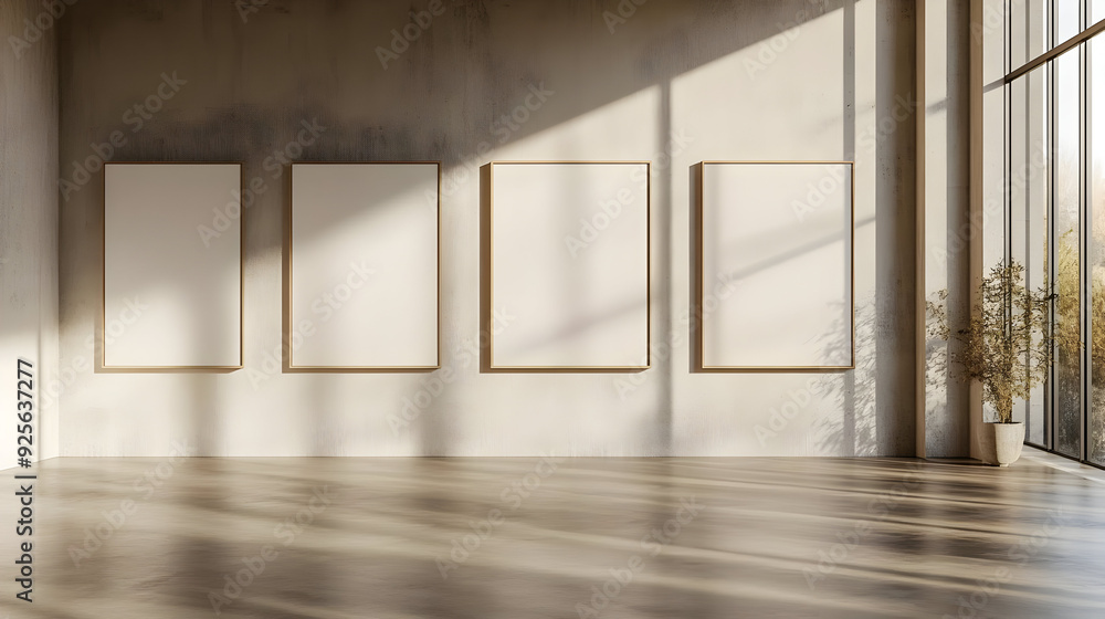 Poster minimalist gallery space with empty frames and natural light.