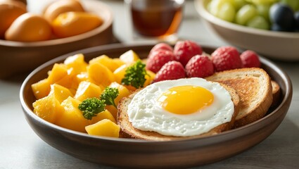 A Vibrant Morning Delight: A Plate Filled with Fresh Fruits, Sunny-Side Up Egg, and Toast that Invites You to Enjoy an Energizing and Nutritious Breakfast Experience