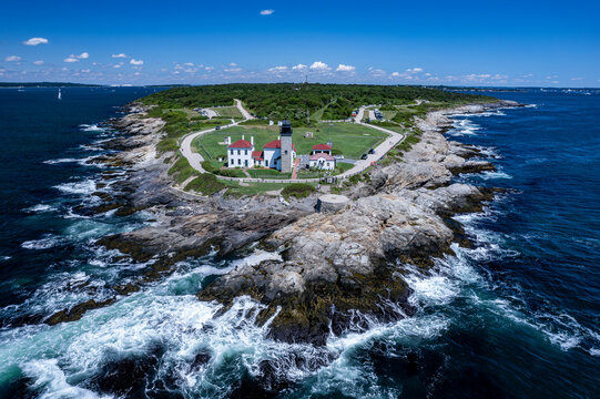 Aerial view of Beavertail Lighthouse, Rhode Island in summer 