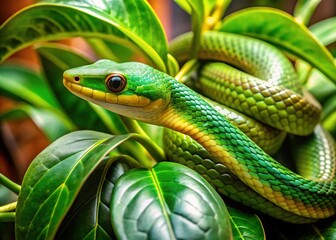 Fototapeta premium A slender green snake slithers through the dense foliage of a lush, vibrant houseplant, its leaves a contrasting mix of emerald and golden hues.