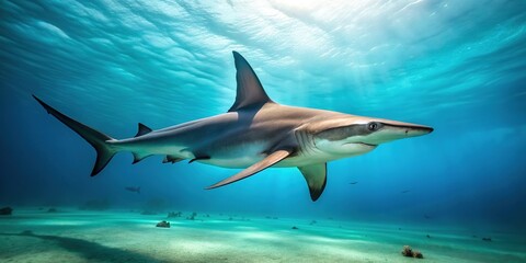 Fototapeta premium A sleek gray hammerhead shark swims vertically through turquoise Caribbean waters, its distinctive head shape slicing through the calm surface with powerful fins.