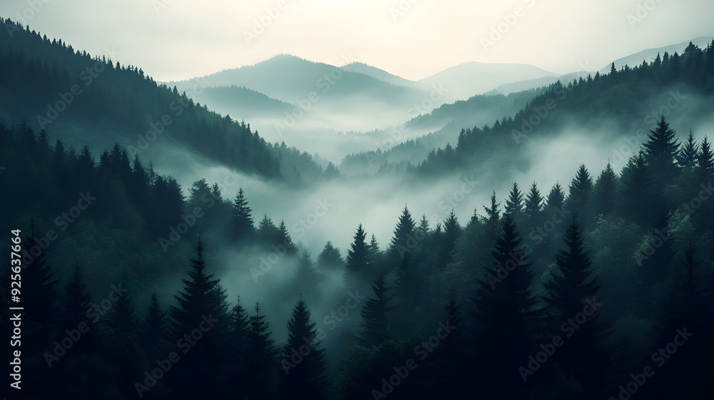 Canvas Prints Misty forest landscape with mountains in the background.