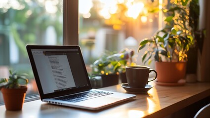 Fototapeta premium A golden hour workspace scene showcasing a laptop, steaming coffee, and vibrant plants, perfect for productivity and relaxation during a beautiful sunset.