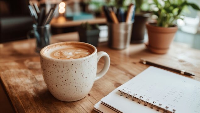 A tranquil coffee moment captured in a serene workspace, featuring a beautifully latte art topped coffee cup that invites creativity and relaxation amidst plants and stationery.