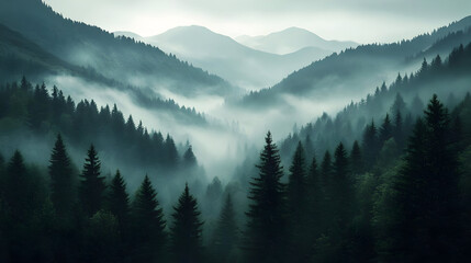 Misty mountain landscape with dense pine forests and rolling hills.