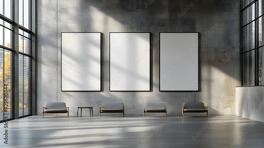 Poster modern gallery space with empty frames and seating area.