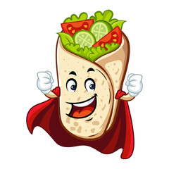 Cartoon superhero burrito wrap with a red cape,  a fun and healthy food concept. 