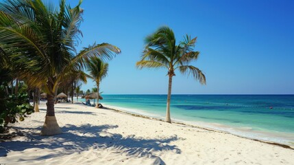 Obraz premium Palm trees on a white sand beach with blue sky and turquoise ocean