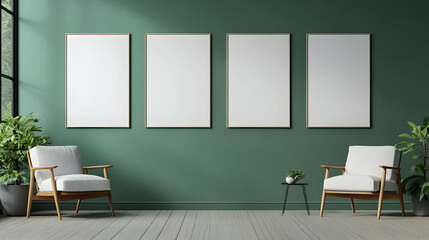 Modern interior with empty frames and minimalistic furniture.