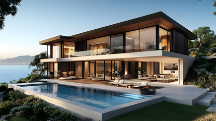 Obraz premium Modern villa with a pool overlooking the ocean at sunset.