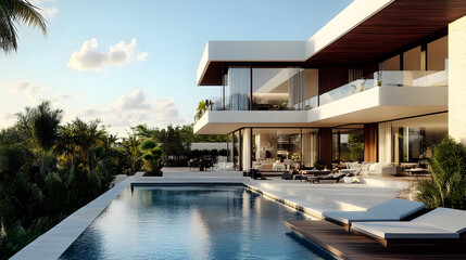 Obraz premium Modern villa with a pool surrounded by lush greenery and palm trees.