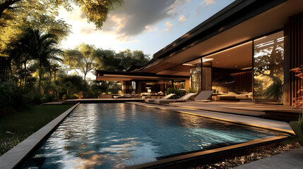 Obraz premium Modern villa with a pool surrounded by lush greenery at sunset.