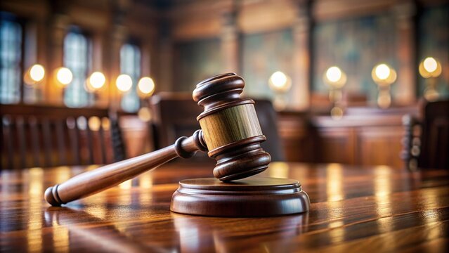 A stern-looking gavel rests on a worn, wooden desk in front of a blurry, out-of-focus judicial background, symbolizing authority and impartial judgment.