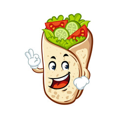 Funny cartoon illustration of a happy shawarma wrap with a face giving the okay sign.