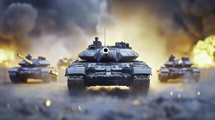 Military Tank in Battle Smoke, War Concept