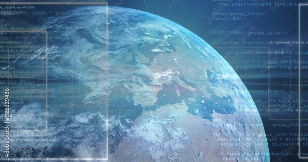 Poster rotating earth with data processing animation over continents and oceans