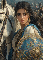 Obraz premium beautiful Middle Eastern woman in blue and white holding a shield