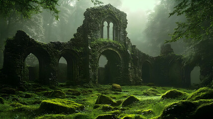 Ruins of an ancient structure surrounded by lush greenery.