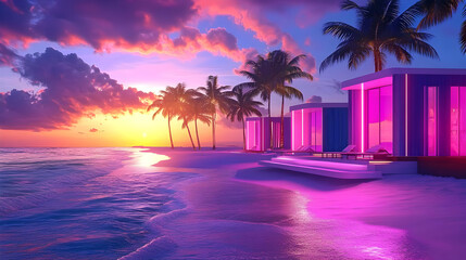 Serene beach sunset with modern villas and palm trees.