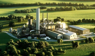 Obraz premium Large Biomass Conversion Plant with Automated Systems in a Green Landscape