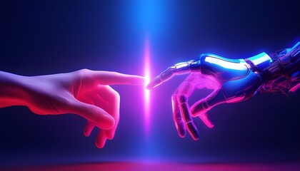 Robot hand making contact with human hand on dark background 3D rendering