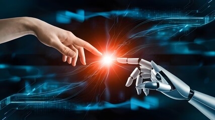 Robot hand making contact with human hand on dark background 3D rendering