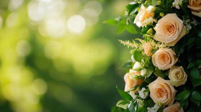 Beautiful bouquet of peach roses with green foliage, blurred background, perfect for wedding or romantic occasions.